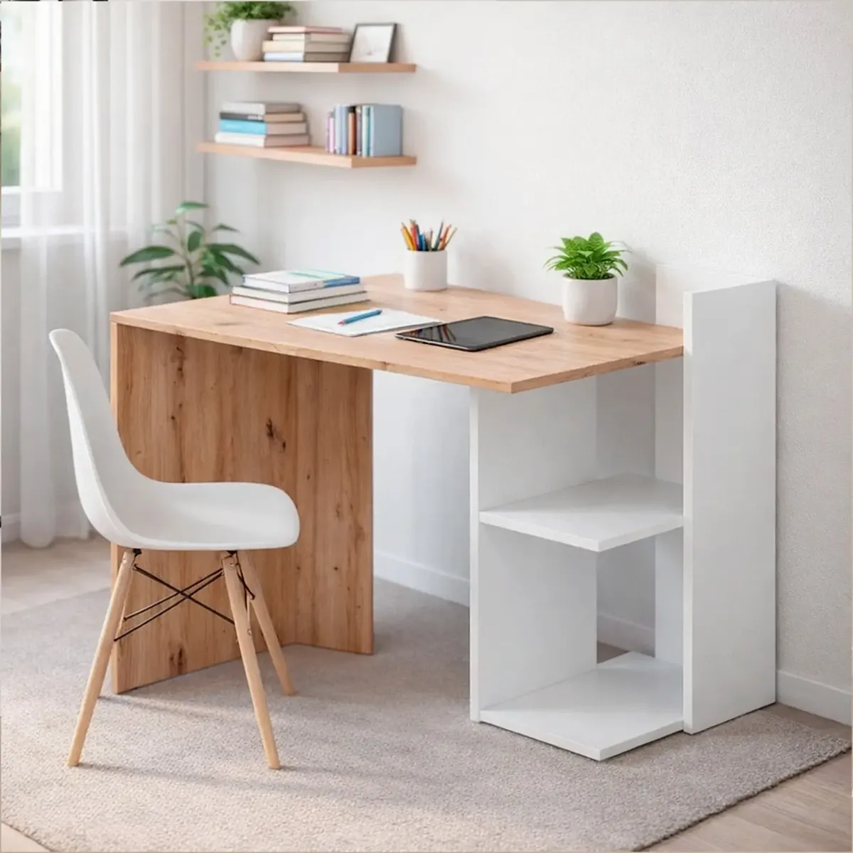 Scrivania Moderna Reversibile Con Vani Laterali A Giorno Mobile Desk Per PC Studio Home Office Struttura Resistente In Melaminico 100 x 52 x 78 Cm-Bianco e rovere