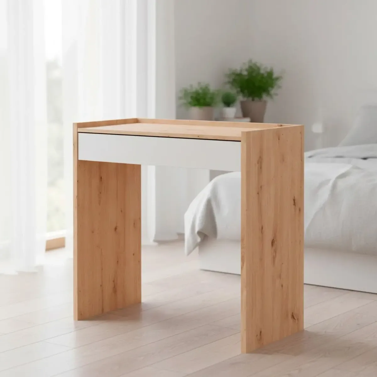 Scrivania Con Cassetto Tavolo Studio Ufficio Moderno Mobile Desk Struttura a U Compatta Salvaspazio Per Home Office Cameretta e Studio 81.5 x 40 x 77 Cm-Bianco e rovere