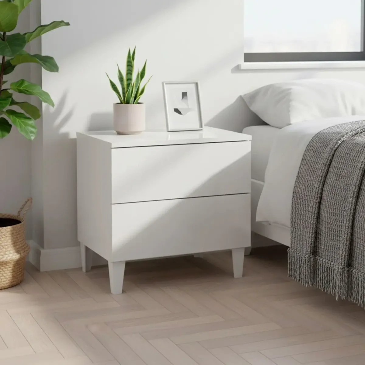 Comodino Con 2 Cassetti Cassettiera Settimino Mobile Da Camera Da Letto Moderno Mobiletto Con Piedini Struttura Compatta in Melaminico Antigraffio Montaggio Facile 50 x 34 x 39 Cm-Bianco lucido