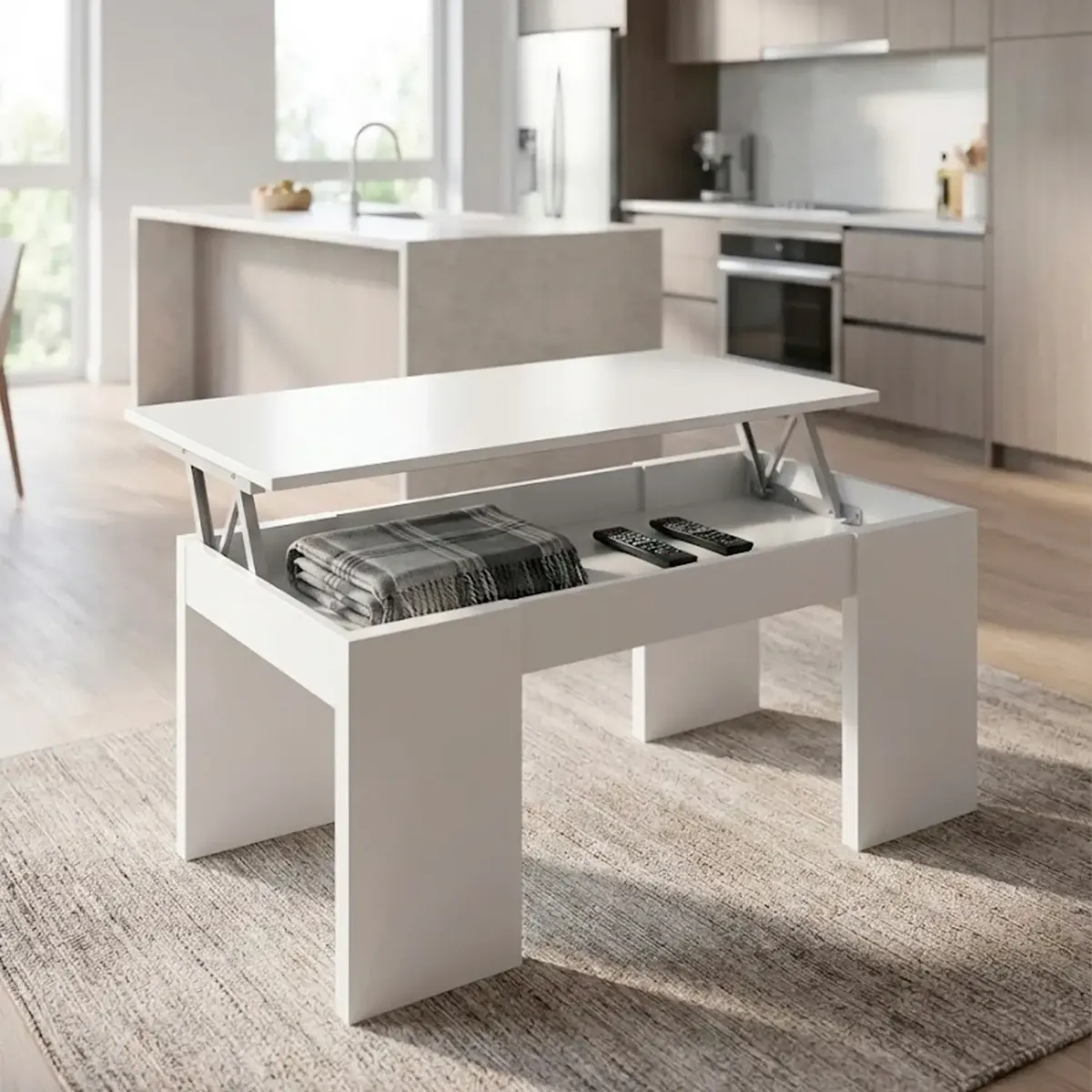 Tavolino da Caffè Con Piano Rialzabile Con Vano Contenitore Alzabile Tavolo da Salotto Moderno Salvaspazio Ideale per Mangiare Lavorare e Organizzare il Soggiorno 100 x 50 x 42 cm Bianco-Bianco