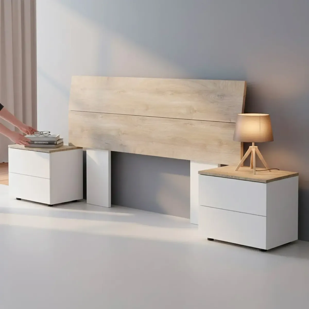 Set Camera Da Letto Con Testiera Matrimoniale Da 176 Cm E 2 Comodini Con Cassetti Testata Letto Arredo Moderno Per Letti 135 150 160 Cm-Bianco e rovere