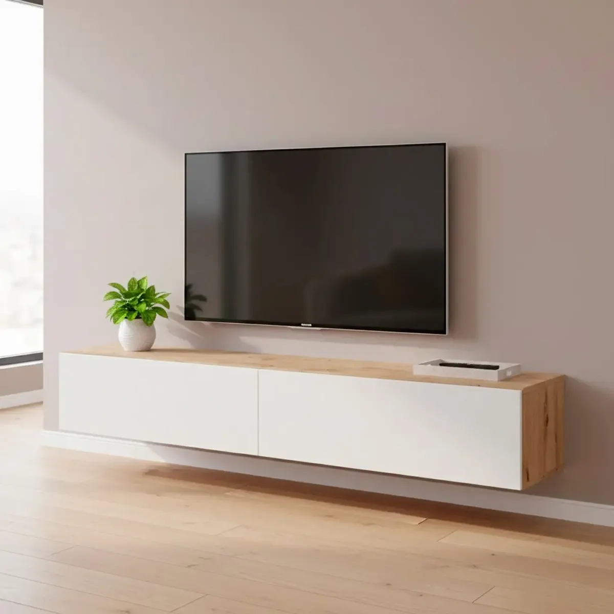 Mobile TV Sospeso Da 180 Cm Parete Attrezzata Con 2 Ante Push Porta TV Moderno In Pannelli Melaminici E1 Per Salotto Soggiorno Design Minimal 180 x 34,5 x 28 Cm-Bianco e rovere