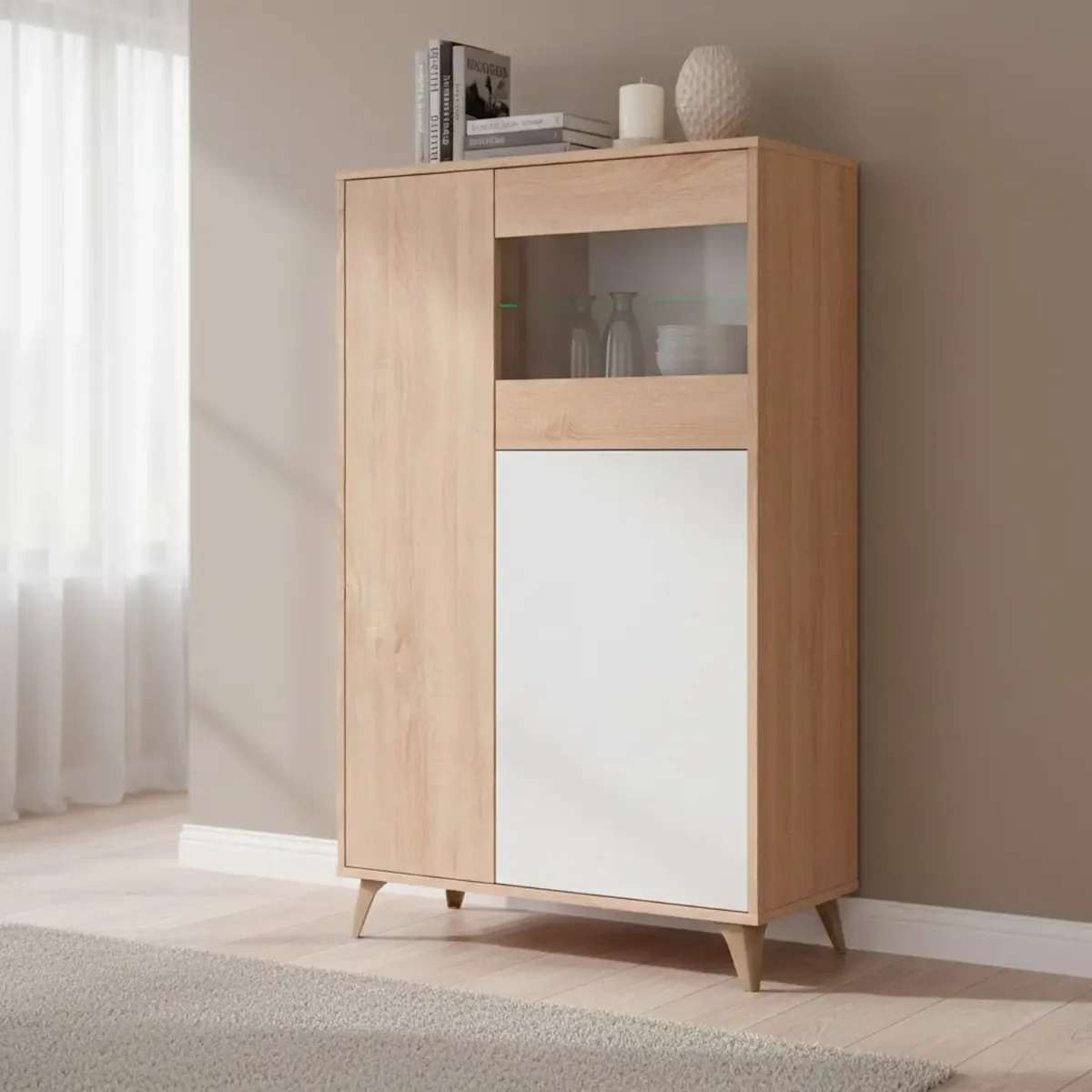 Credenza Con Vetrina Moderna Mobile contenitore Con Ripiani Interni In Truciolare Melaminico Ideale Per Soggiorno Sala Da Pranzo E Studio 77 x 33 x 142 Cm-Bianco e rovere