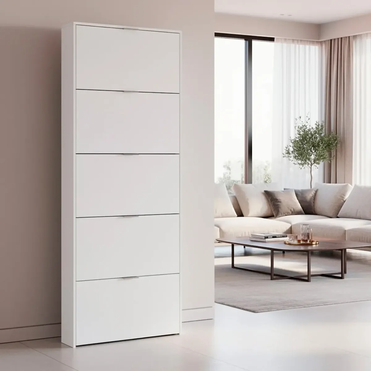 Scarpiera Armadio con 5 Ante Ribaltabili in Legno, Mobile Porta Scarpe Scaffale Mensola Organizzatore per Casa, Ingresso 70 × 17 × 180 Cm - Bianco lucido