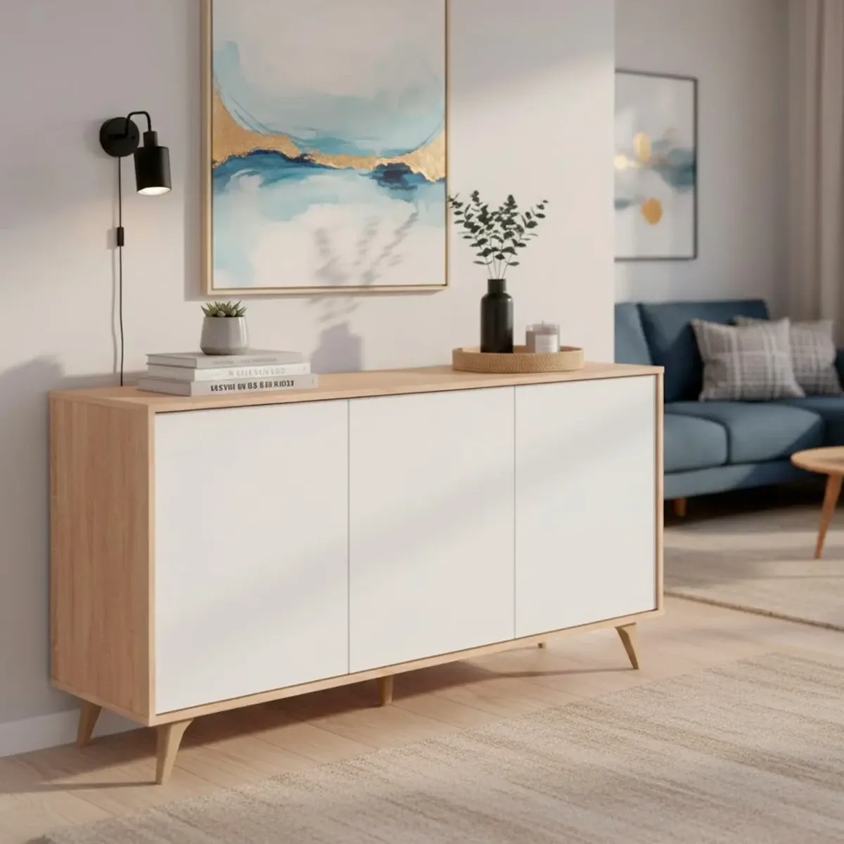 Credenza 3 Ante Con Apertura Push Madia Mobile Contenitore Moderno Con 6 Ripiani Interni Per Soggiorno Sala Da Pranzo Ingresso E Camera Da Letto Stile Nordico 154 x 40 x 75 Cm-Bianco e rovere