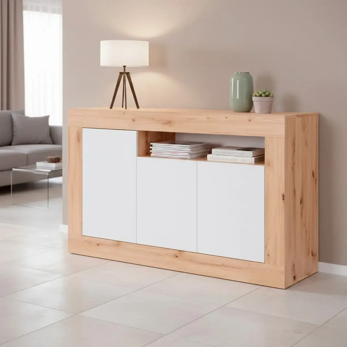 Credenza Moderna Madia A Terra Con 3 Ante Vano A Giorno E Ripiani Interni Mobile Contenitore In Melaminico Antigraffio Per Soggiorno Sala Da Pranzo 144 x 42 x 87 Cm-Bianco e rovere