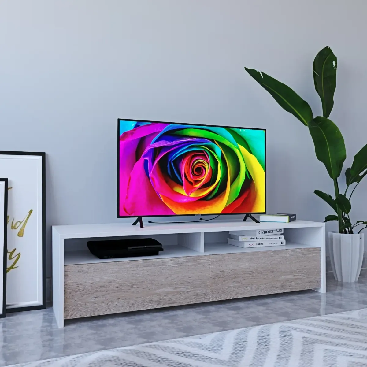 Mobile Porta TV Moderno Parete Attrezzata Con 2 Ante E 2 Vani A Giorno Mobiletto Salvaspazio Da Terra Per Televisione Soggiorno Salotto Camera Da Letto 130 x 40 x 35 Cm-Bianco e rovere