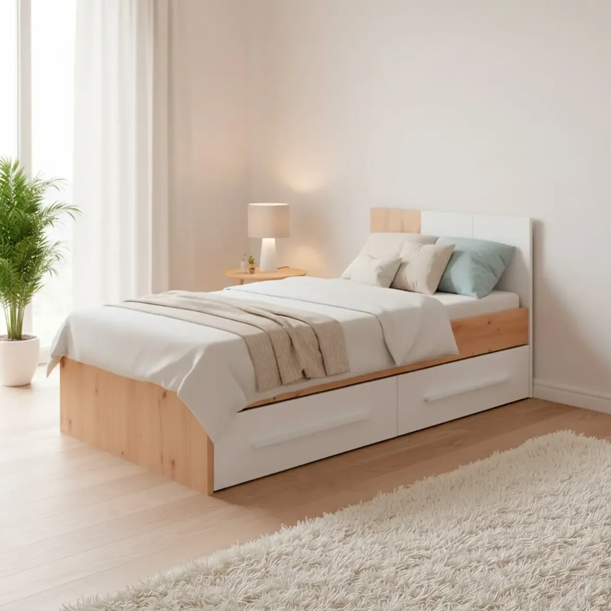 Letto Singolo Per Ragazzi Con 2 Cassetti E Testiera Letto Con Scomparti Per Materasso 190 x 90 Cm Bambini Salvaspazio Design Moderno 196 x 97 x 77 cm-Bianco e rovere