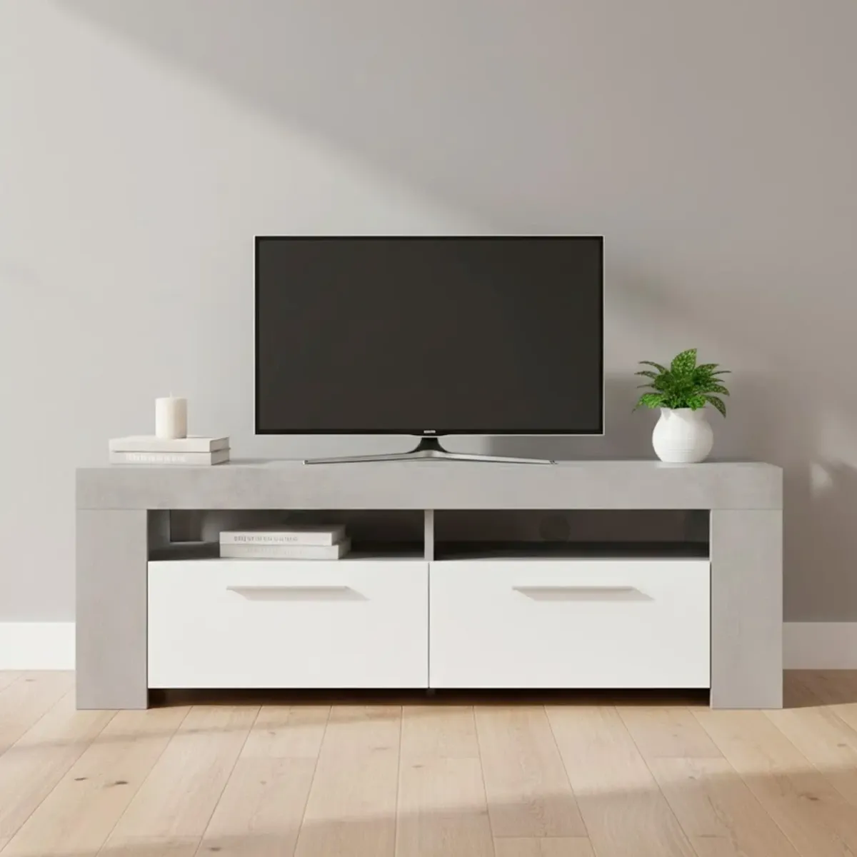 Mobile TV Con 4 Vani Portaoggetti Modulo Porta TV Moderno Con Ante E Vani A Vista Per Soggiorno Supporto TV Grandi Dimensioni 120 x 42 x 40 Cm Bianco Lucido e Grigio Cemento-Bianco lucido e grigio cemento