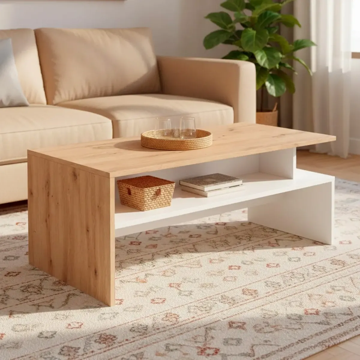 Tavolino Da Caffè Soggiorno Moderno Con Ripiano E Vani A Giorno Design Elegante E Funzionale Struttura Resistente In Melaminico Ideale Per Living Moderni 108 x 50 x 43 cm-Bianco e quercia