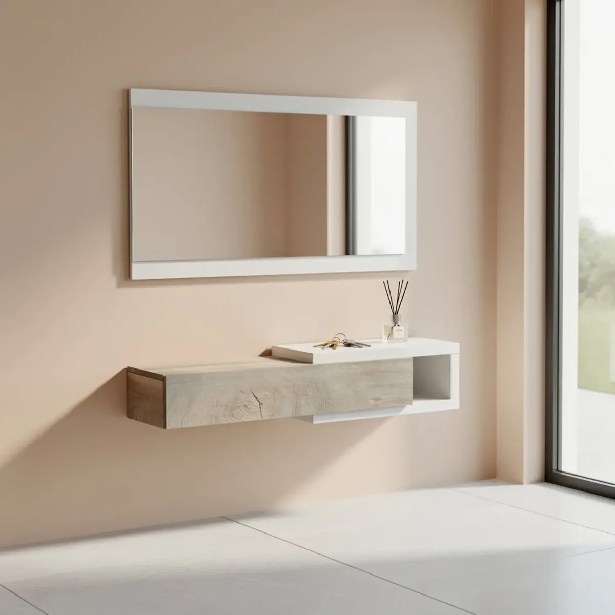 Mobile Maiorca Mobiletto da Ingresso Sospeso con Cassetto Mensola e Specchio Arredo Arredamento Sala 95 x 19 x 26 cm-Bianco e Rovere Alaska