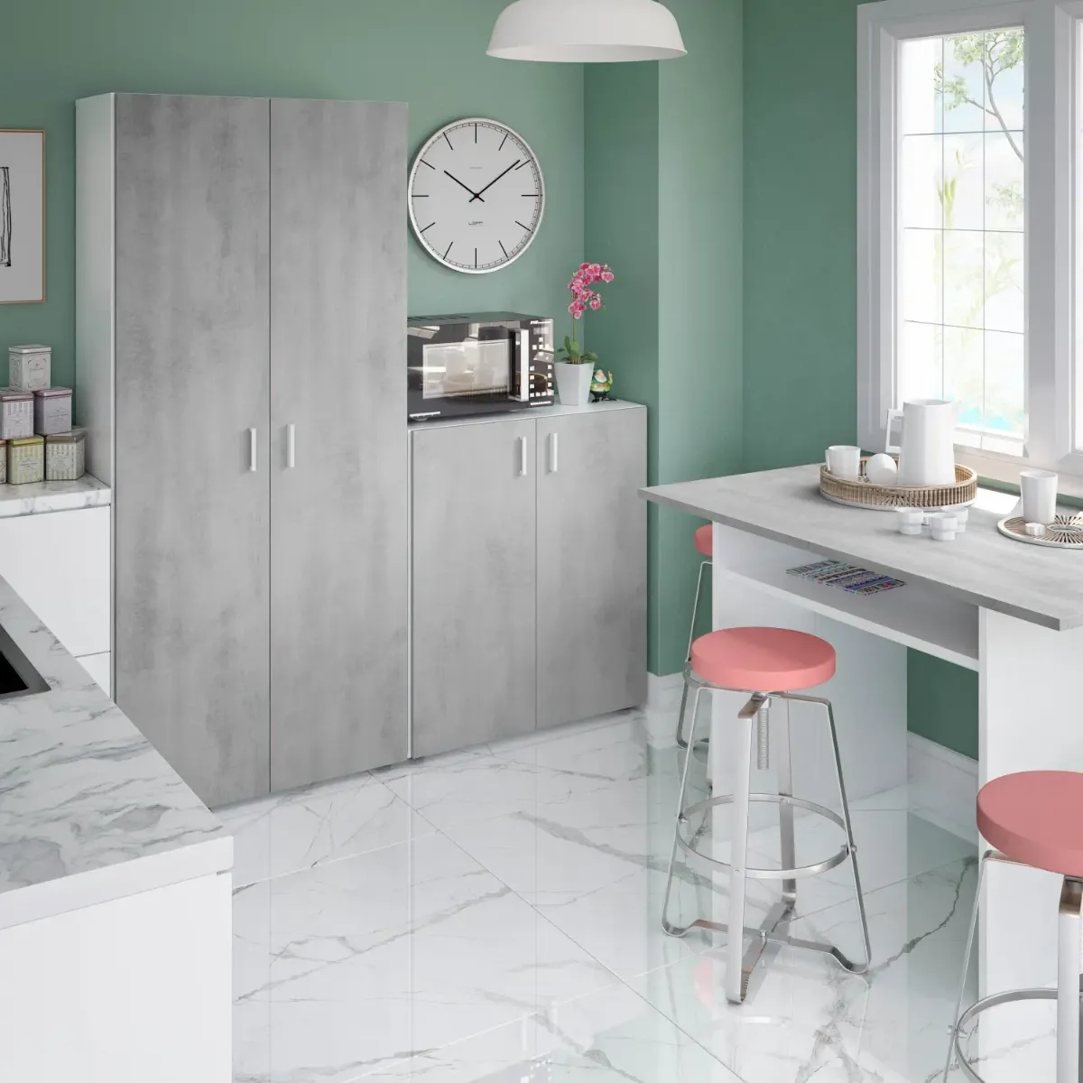 Armadio Multiuso Armadietto Alto Con Doppia Anta e 4 Ripiani Ideale Per Bagno Ingresso Camera Da Letto Garage Ripostiglio Design Moderno Huelva L 80 x 37 x 182 Cm-Bianco e grigio cemento