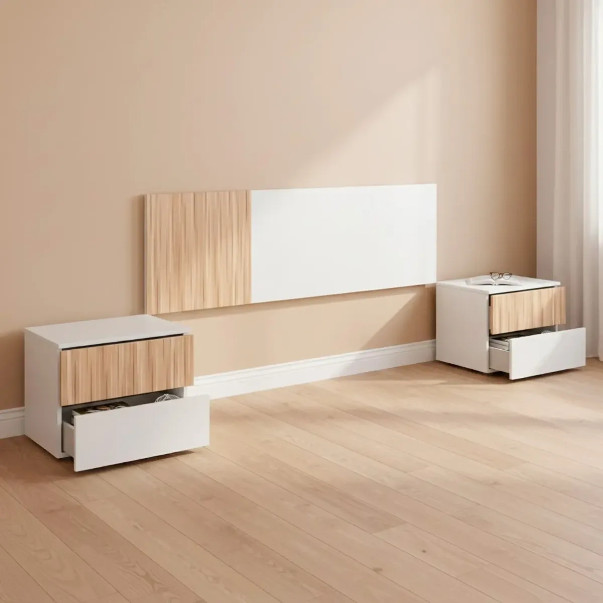 Testiera Letto Matrimoniale Da 160 Cm Con 2 Comodini A 2 Cassetti Set Camera Da Letto Moderno Con Fissaggio A Parete Design Moderno Scandinavo-Bianco e Legno Naturale