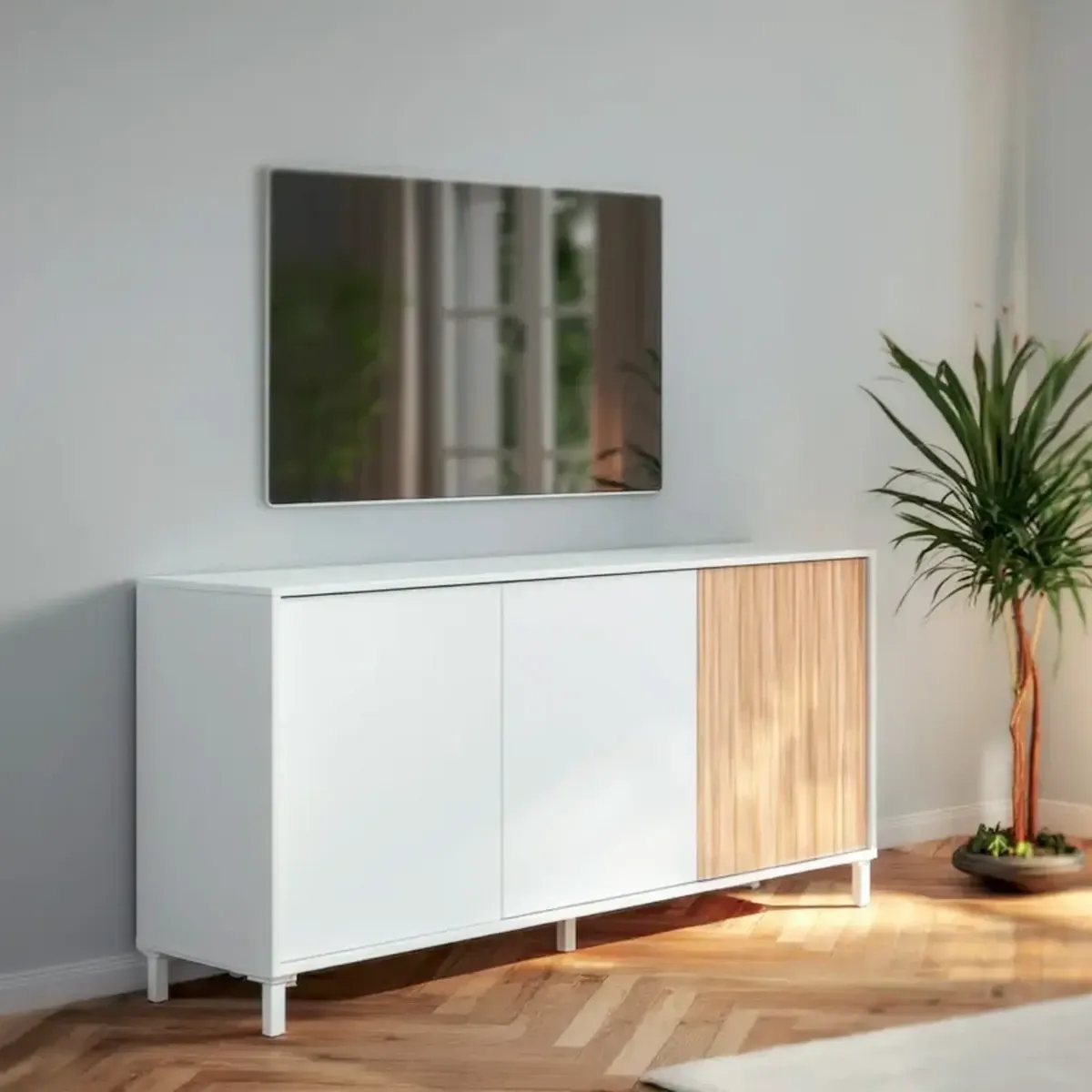Credenza A 3 Ante Con Push To Open Madia Moderna Con Ripiani Interni Mobile Contenitore Per Soggiorno Salotto Ingresso Corridoio 74 x 154 x 40 Cm-Bianco e Rovere Listato