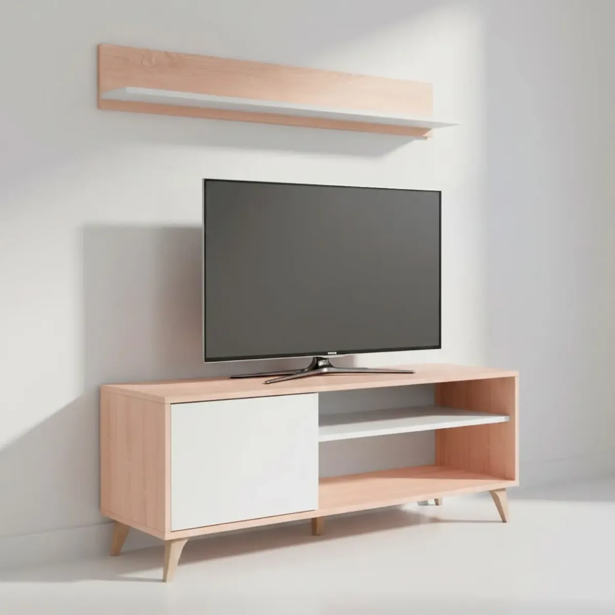 Mobile TV Con Mensola Parete Attrezzata In Stile Nordico Da 135 Cm Con Anta Push E Vani Multimediali Mobile Porta TV Con Ripiano A Parete Soggiorno Moderno 135 x 50 x 40 Cm-Bianco e rovere