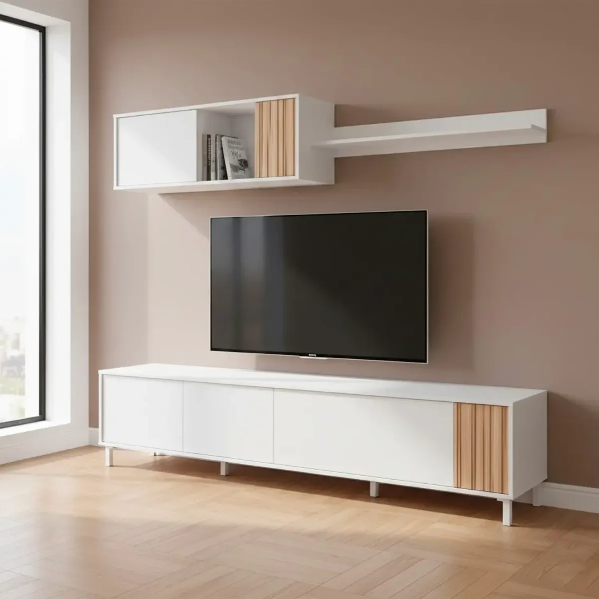 Parete Attrezzata Moderna Mobile Soggiorno TV Con Modulo Pensile e Mensola Con 4 Ante Fori Passacavi Design Moderno Soggiorno Salotto Sala Da Pranzo 47 x 200 x 40 Cm-Bianco e Rovere Listato