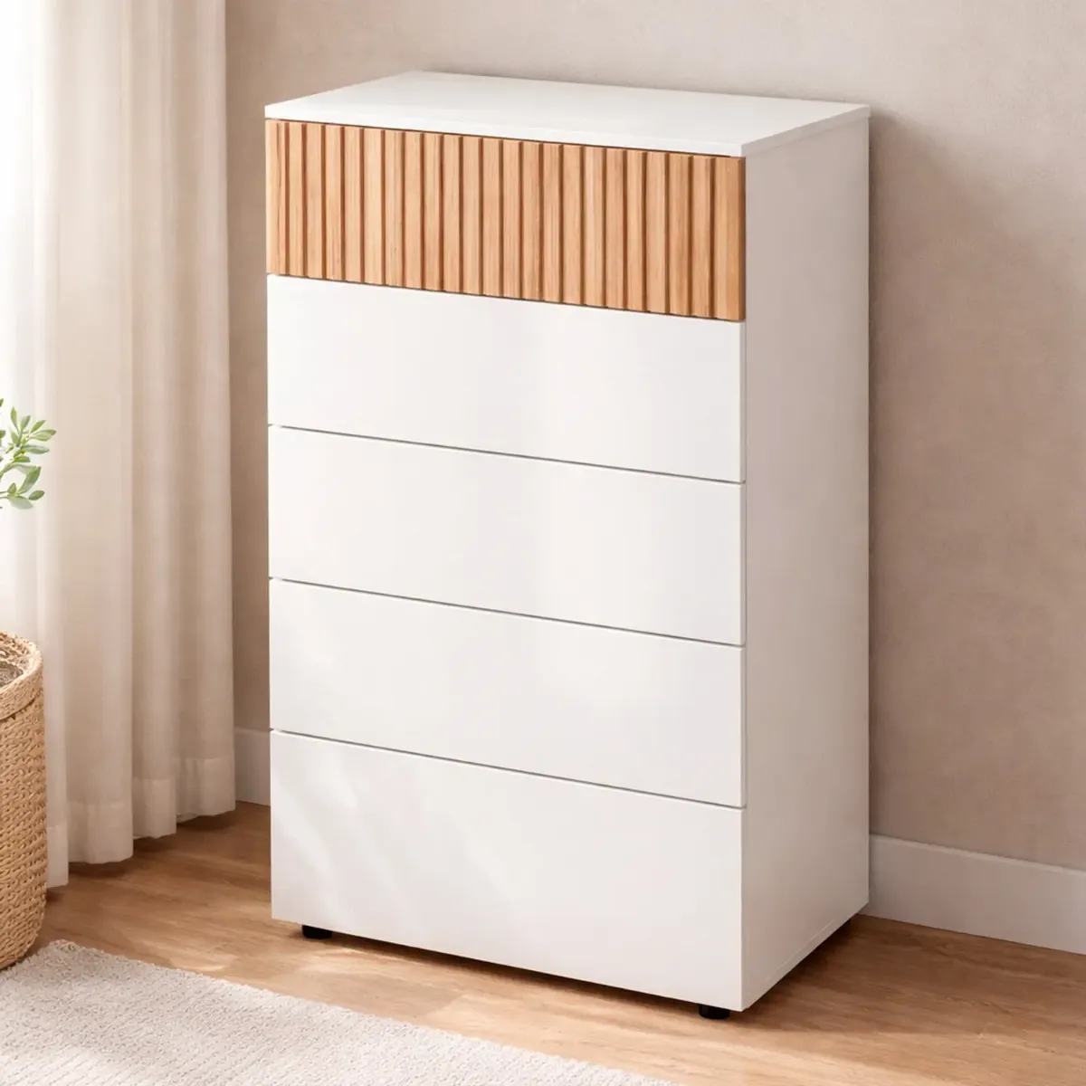 Comò Settimino 5 Cassetti Settimanale Alto Salvaspazio Mobile Mobiletto Cassettiera Design Per Camera da Letto Ingresso Corridoio Moderno Scandinavo 109 x 61 x 40 Cm-Bianco e Rovere Listato