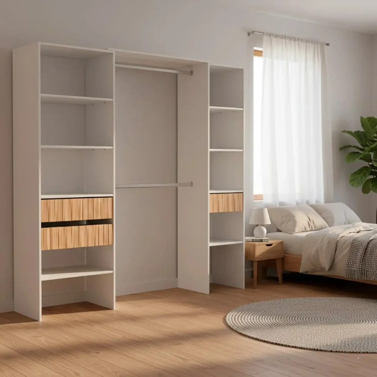 Armadio Guardaroba Aperto Con Ripiani Regolabili 3 Cassetti Doppio Appendiabiti In Alluminio Mobile Armadietto Multiuso Senza Ante Camera Da Letto Cameretta 190 x 187 x 40 Cm-Bianco e Rovere Listato