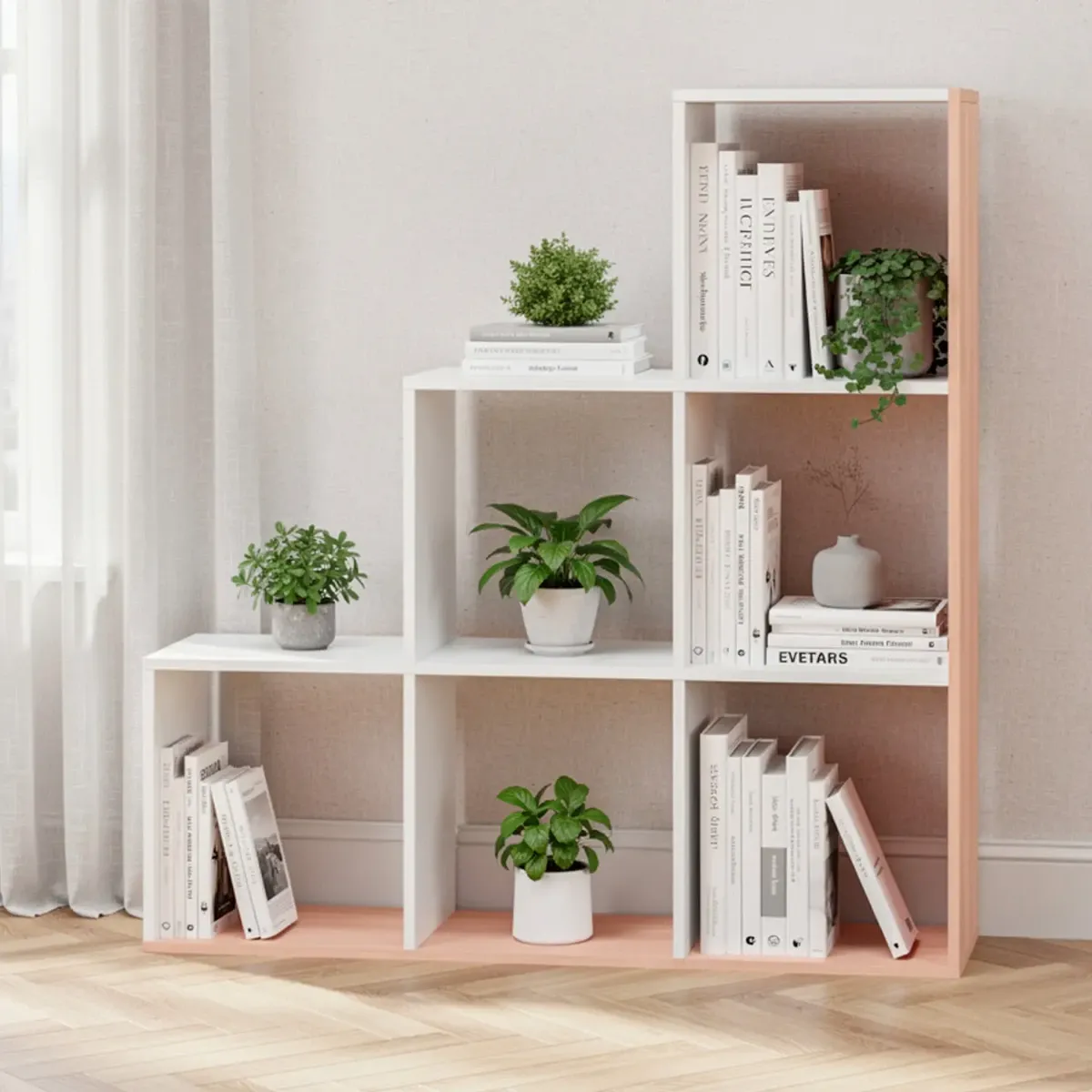 Libreria Con Vani Scaffale Salvaspazio Mobile Da Parete Con 6 Vani E 4 Ripiani Design Moderno Soggiorno Salotto Studio Cameretta Struttura in Melaminico 110 x 108 x 29 Cm-Bianco e rovere