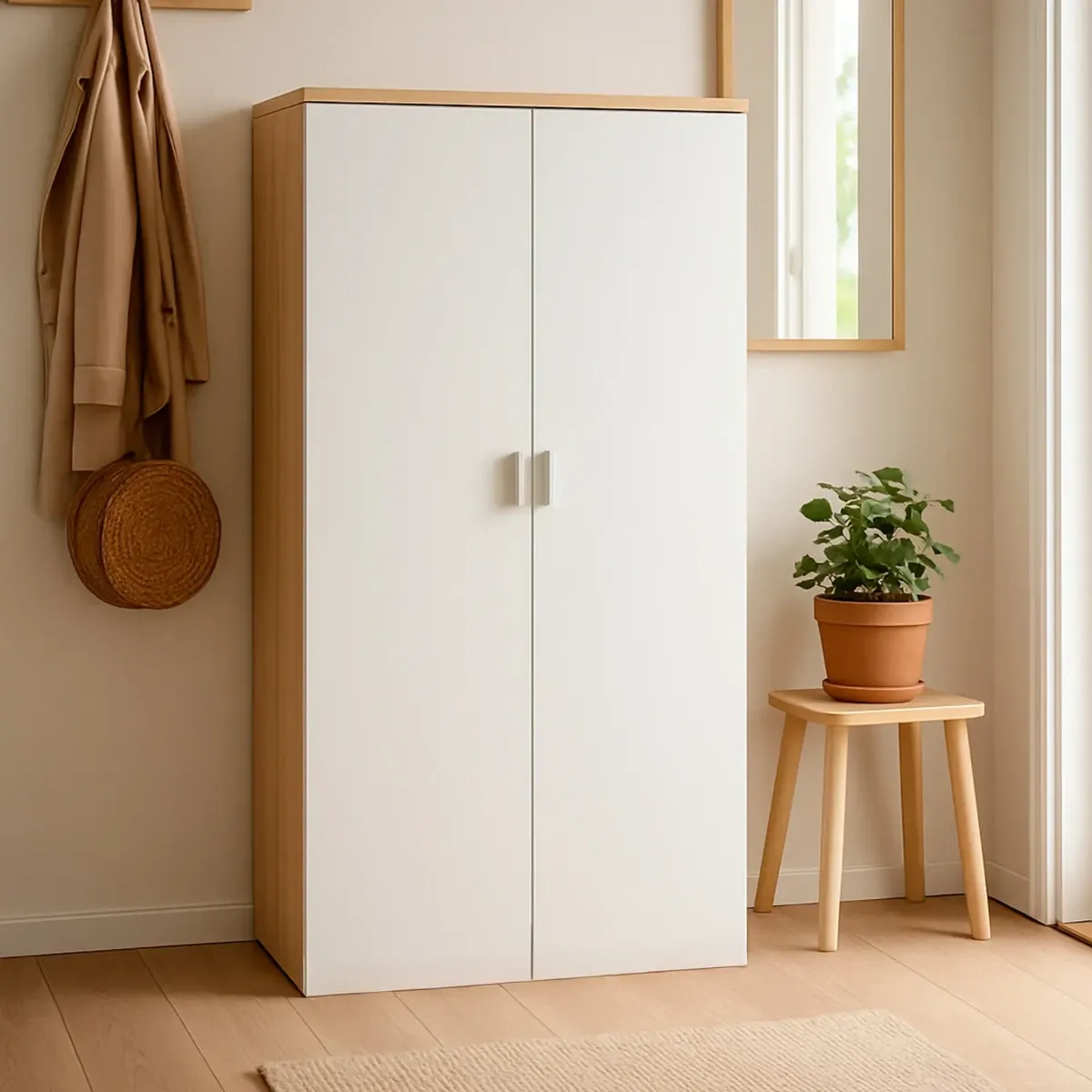 Armadio Armadietto Multiuso Con 2 Ante E Ripiani Regolabili Mobile Salvaspazio in Melaminico Mobile Per Casa Ufficio Lavanderia Ingresso 80 x 119 x 33 Cm-Bianco Opaco e Rovere