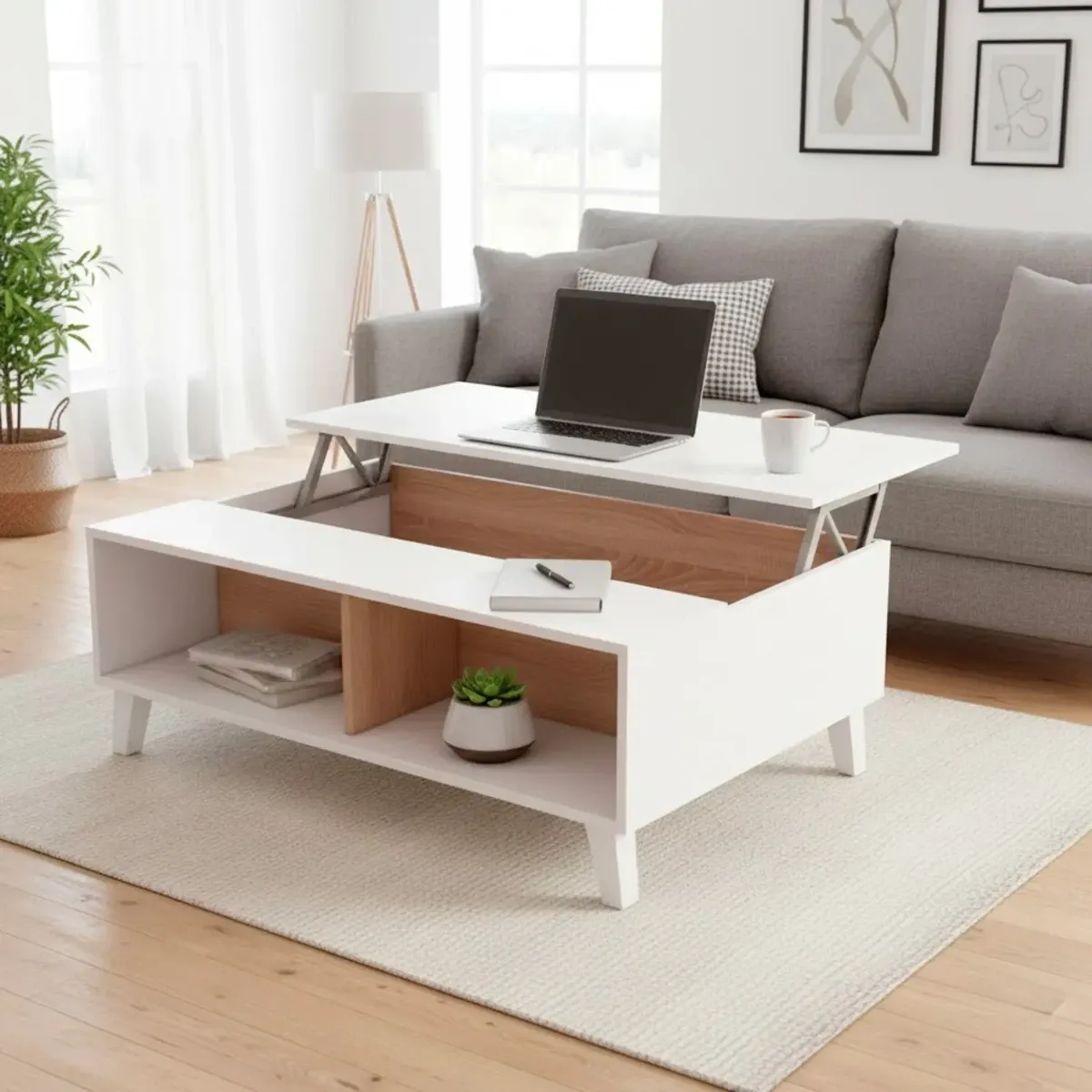 Tavolino Da Caffè Tavolo Basso Con Piano Sollevabile Da Salotto Soggiorno Moderno Con Ripiani Salvaspazio Design Multifunzionale Moderno 100 x 68 x 38–50 Cm-Bianco e rovere