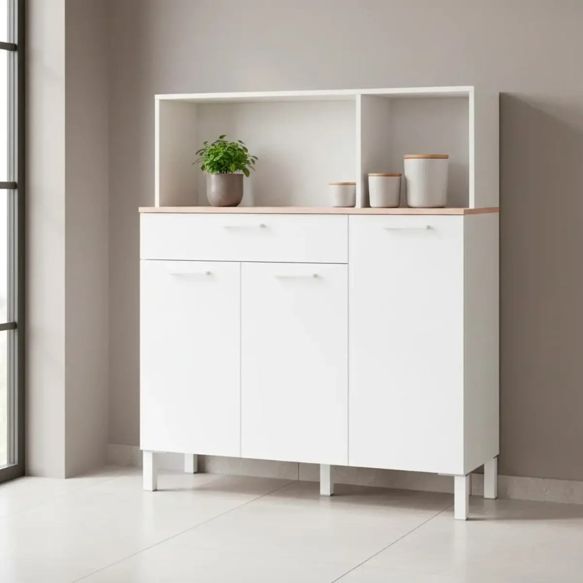 Mobile Da Cucina Credenza Con 3 Ante 1 Cassetto Madia Moderna Mobile Contenitore Con Vani A Giorno Mobiletto Dispensa Sala Da Pranzo Soggiorno 108 x 40 x 126 Cm-Bianco e rovere