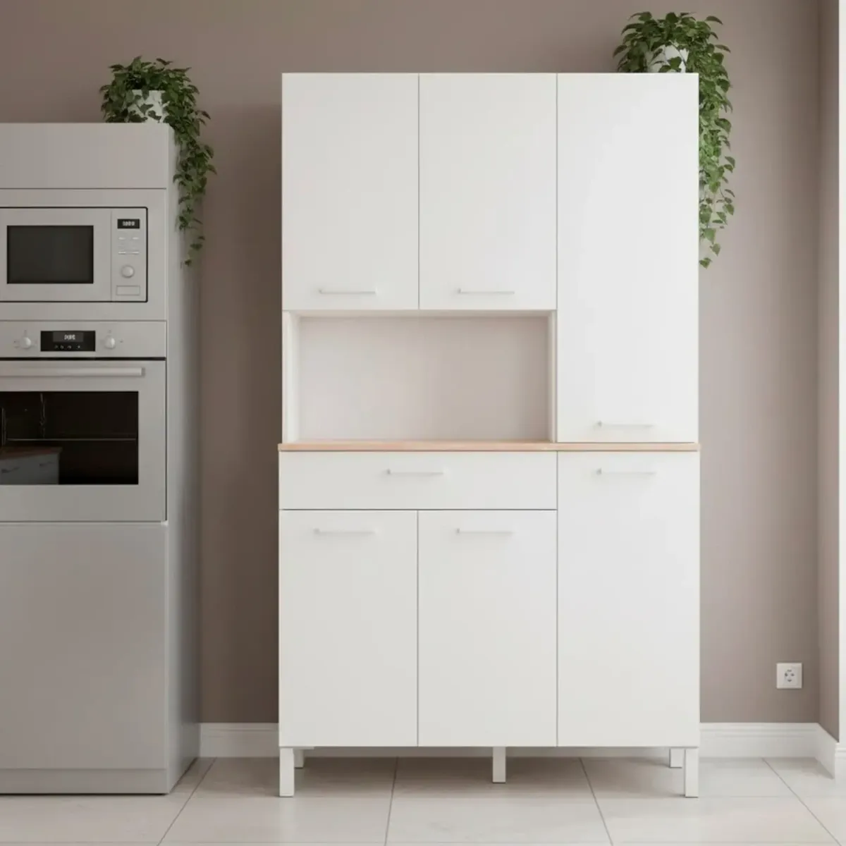 Mobile Dispensa Alto Per Cucina Microonde Credenza Madia Colonna Con 5 Ante e Cassetto Mobiletto Ausiliare Design Moderno Elegante Arredo Arredamento Sala 108 x 40 x 186 Cm-Bianco e rovere