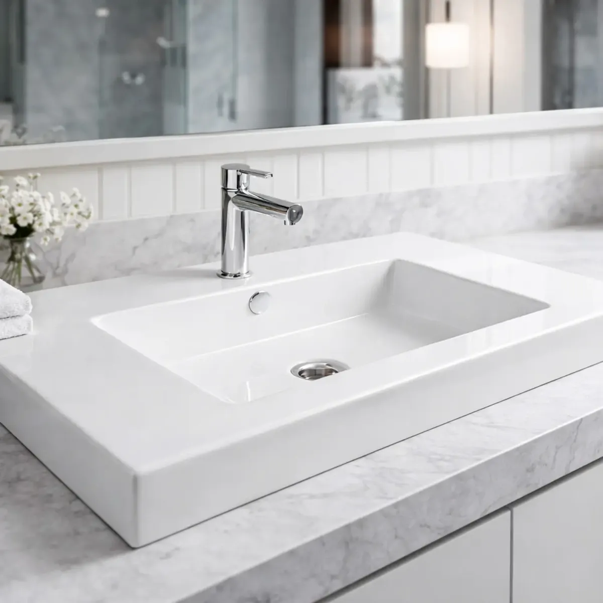 Lavabo Da Incasso Rettangolare Lavandino Bagno In Ceramica Design Moderno Elegante Per Top Bagno 101 x 36 cm