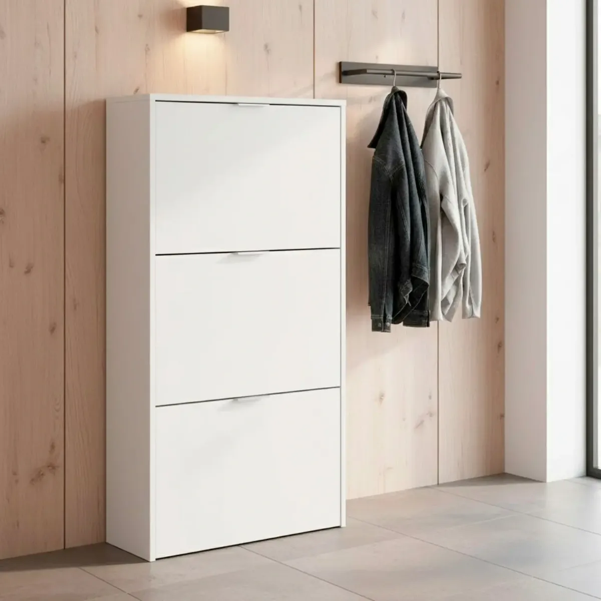 Scarpiera A Ribalta Salvaspazio 3 Ante E 6 Ripiani Mobile Portascarpe Antigraffio Fino A 20 Paia Di Scarpe Design Moderno Minimal Ingresso Corridoio Retro Porta 113 x 60 x 22 Cm-Bianco