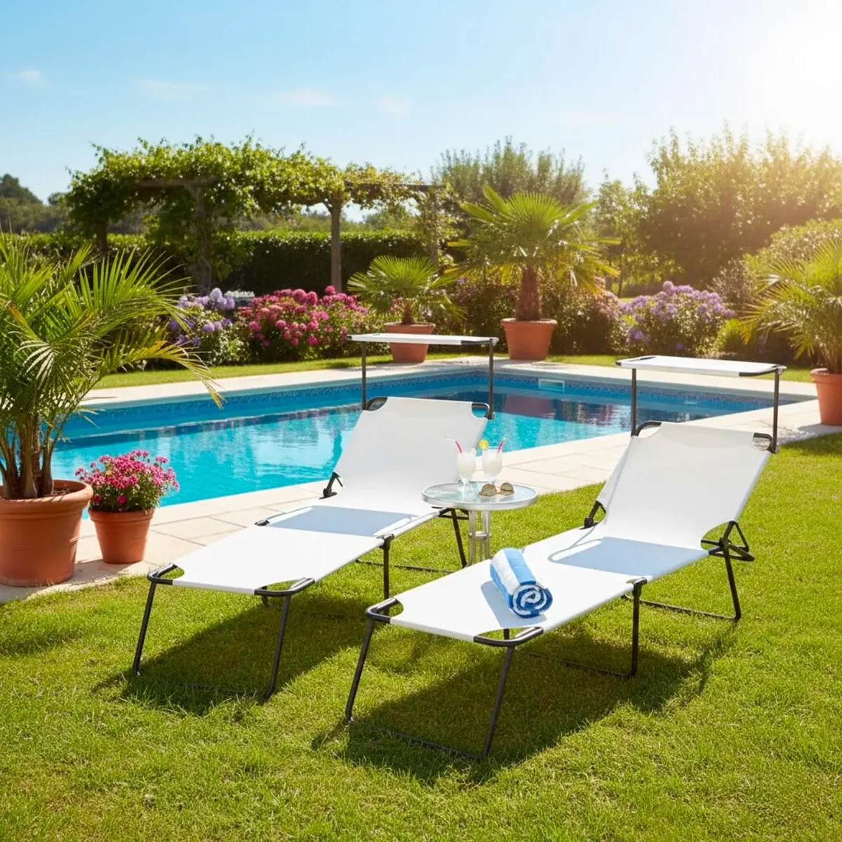 2 Lettini Pieghevoli con Tettuccio Regolabile e Schienale Reclinabile, Struttura in Metallo Nero, Sdraio Prendisole per Spiaggia, Mare, Giardino e Piscina - 187 x 53 x 24 cm-Bianco