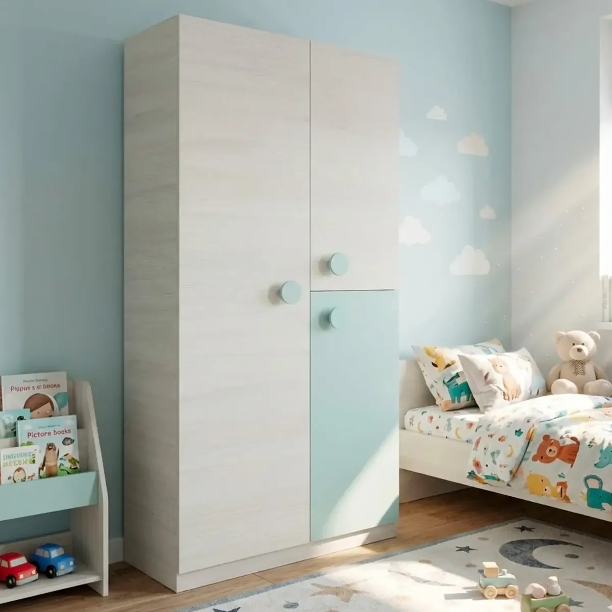 Armadio Armadietto Per Cameretta E Camera Da Letto Mobile Mobiletto Guardaroba Compatto Con Barra Appendiabiti E Ripiani Design Moderno 200 x 90 x 52 Cm-Bianco Alpi e Verde Acqua