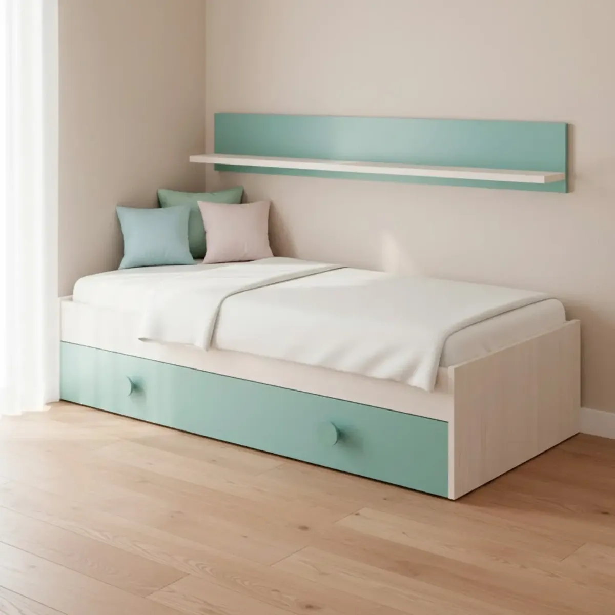 Letto Singolo A Scomparsa Per Ragazzi Con Letto Estraibile E Mensola A Muro Salvaspazio Per Cameretta Camera Da Letto Design Moderno Salvaspazio 201 x 43 x 98 Cm-Bianco Alpi e Verde Acqua