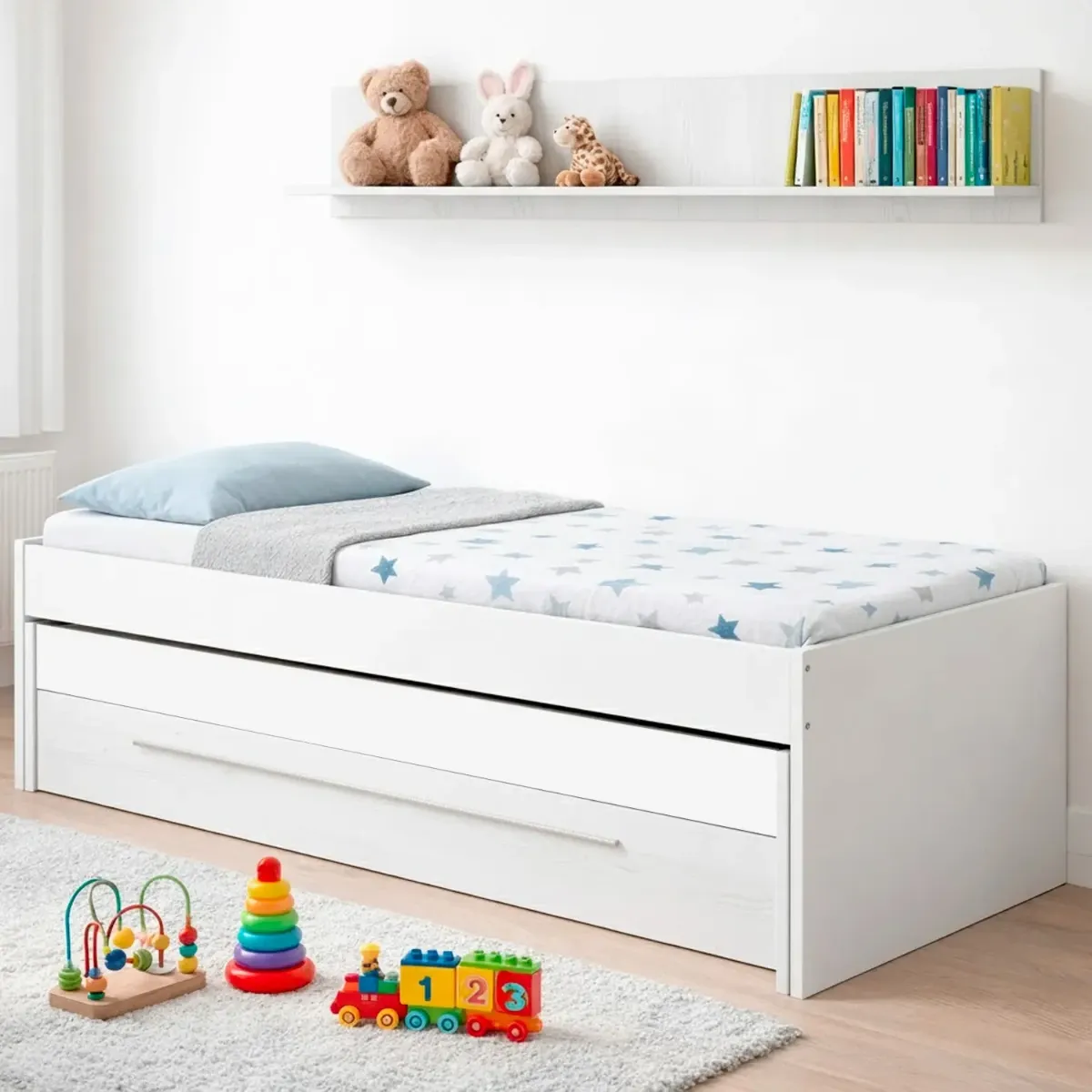 Letto Salvaspazio Con Letto Estraibile Cassetto E Mensola Design Nordico Ideale Per Camerette Piccole Pratico Robusto E Funzionale 65 × 199 × 96 Cm-Bianco e Bianco Effetto Legno