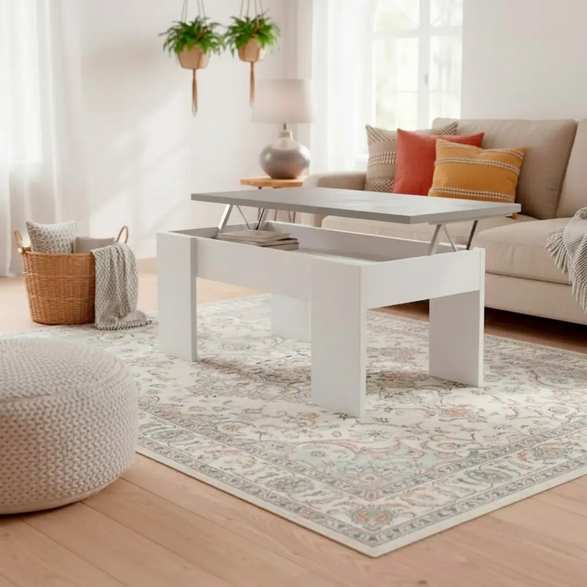 Tavolino Da Caffè Sollevabile Con Contenitore Tavolo Salvaspazio Con Piano Alzabile Per Soggiorno E Salotto Vano Portaoggetti Da Interno Mangiare Lavorare 100 x 69 x 57 Cm-Bianco e grigio cemento