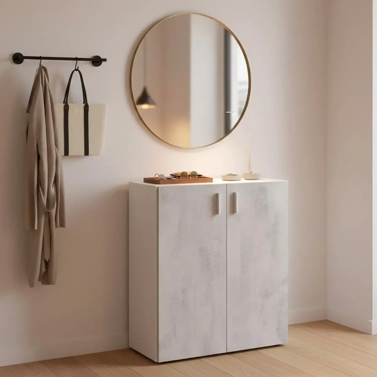 Armadietto Multiuso Armadio Basso A 2 Ante Mobile Salvaspazio Con Ripiani Regolabili Per Bagno Lavanderia Ripostiglio Garage o Ufficio Design Moderno 80 x 37 x 92 Cm-Bianco e grigio cemento