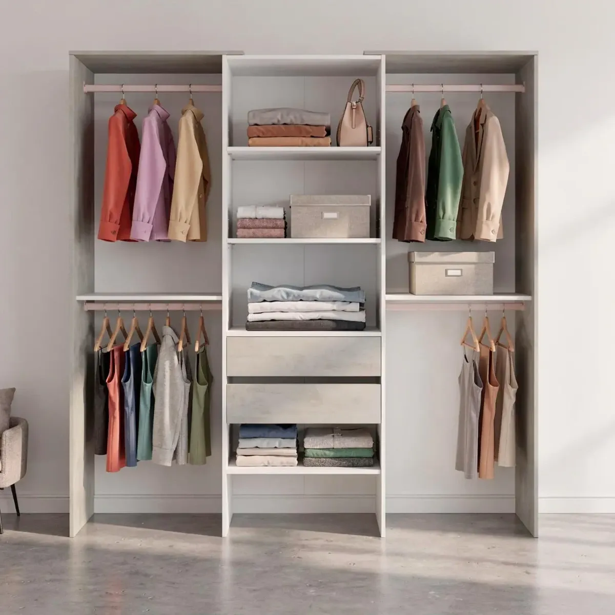 Armadio Guardaroba Da Terra Senza Porte Con 4 Barre Appendiabiti 4 ripiani E 2 Cassetti Design Salvaspazio Per Camera Da Letto Cabina Armadietto Marianka 203 x 50 x 179 Cm-Bianco e grigio cemento