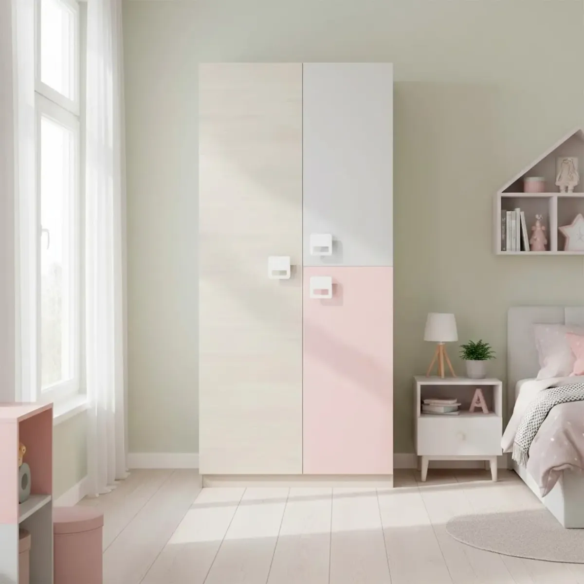 Armadio Giovanile A 3 Ante Armadietto Per Cameretta Ragazzi Con Barra Appendiabiti E 3 Ripiani Mobile Camera Design Moderno Salvaspazio 200 x 52 x 90 Cm-Bianco Alpi, Grigio E Rosa