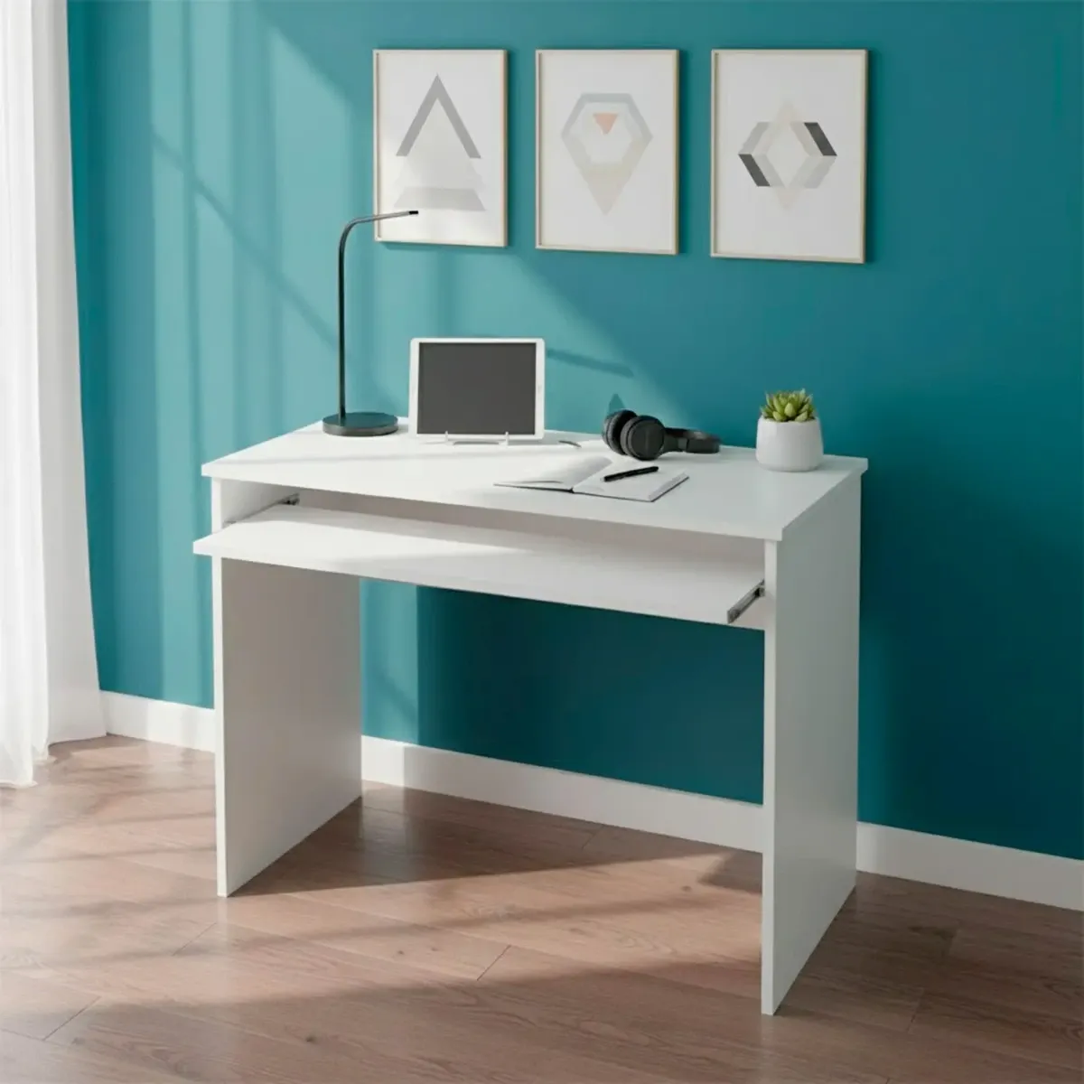 Scrivania Per Cameretta Postazione Desk PC Studio Ufficio Design Moderno Con Piano Scorrevole Piedini ABS Ideale Per Studio Compiti E Lavoro Quotidiano 90 x 54 x 79 Cm-Bianco Opaco