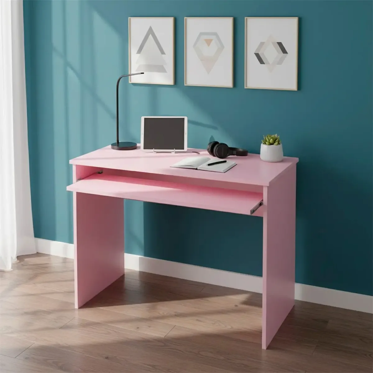 Scrivania Per Cameretta Postazione Desk PC Studio Ufficio Design Moderno Con Piano Scorrevole Piedini ABS Ideale Per Studio Compiti E Lavoro Quotidiano 90 x 54 x 79 Cm-Rosa