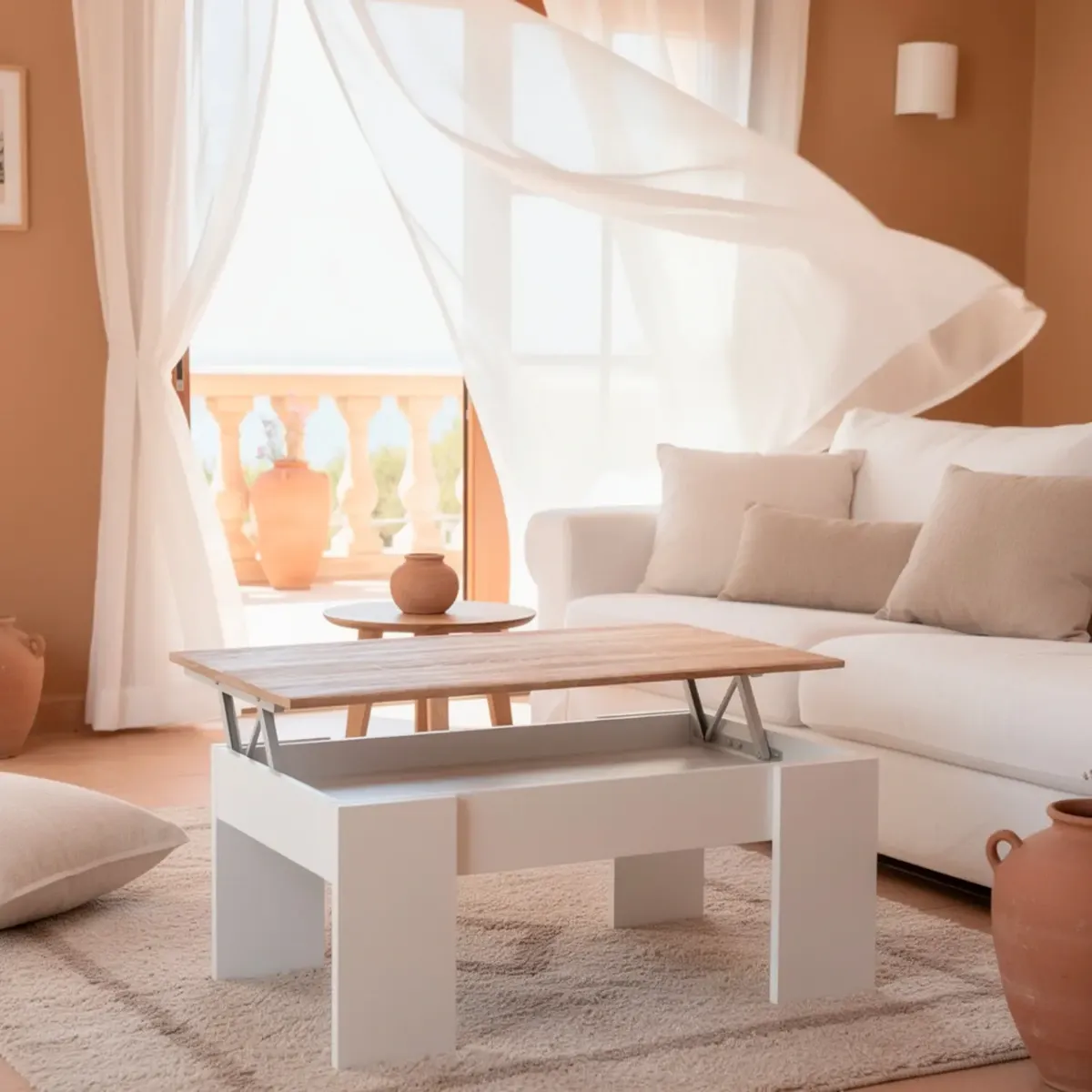 Tavolino da Salotto Alzabile Con Vano Contenitore Tavolo Multifunzione Salvaspazio Per Soggiorno E Divano Piano Sollevabile Per Lavorare e Mangiare 100 x 50 x 54–56 cm-Bianco e rovere