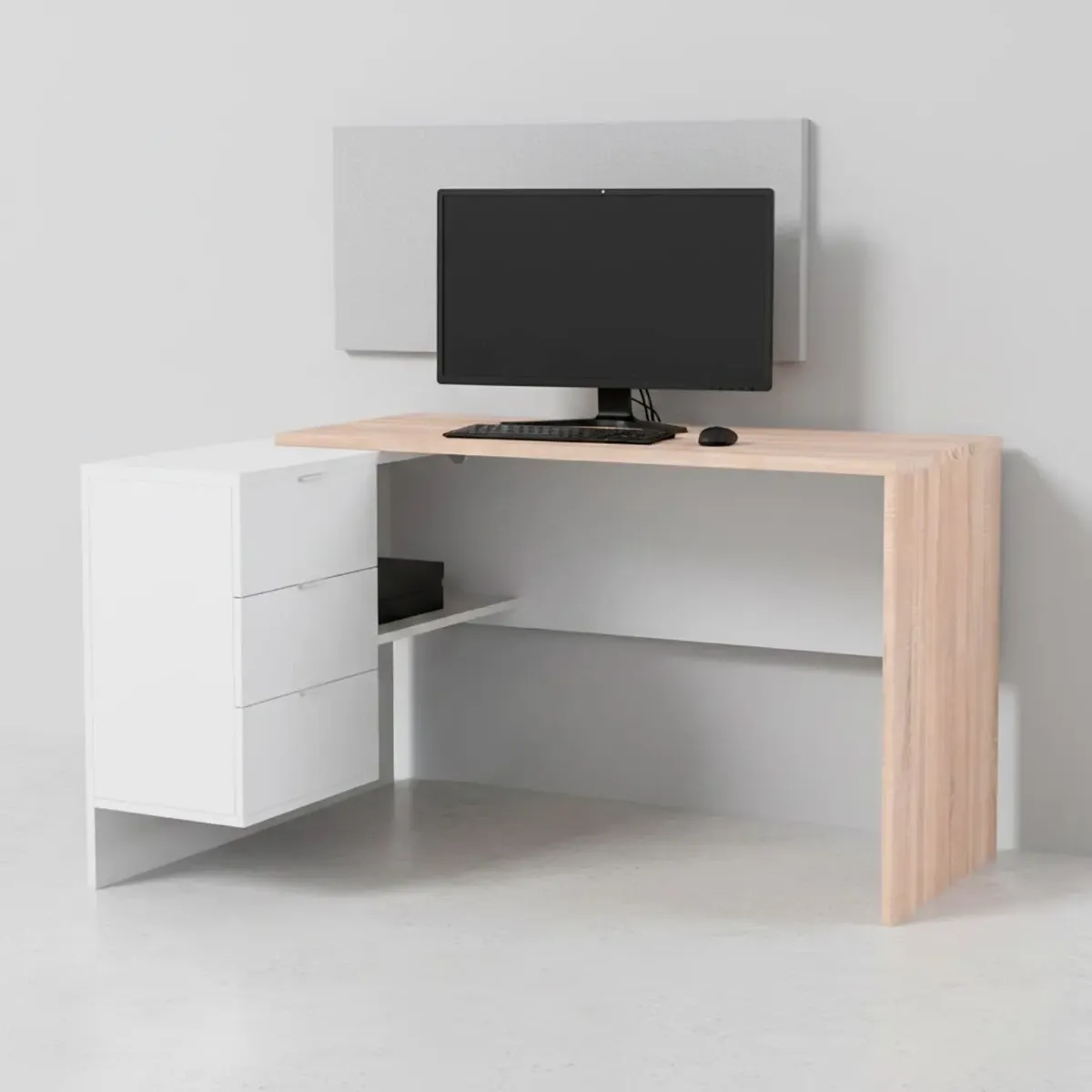 Scrivania Ufficio Studio Reversibile Con Cassettiera A 3 Cassetti Tavolo Da Lavoro Moderno Design Salvaspazio Soggiorno Salotto Studio Home Office 145 x 108 x 73 Cm-Rovere e Bianco Opaco