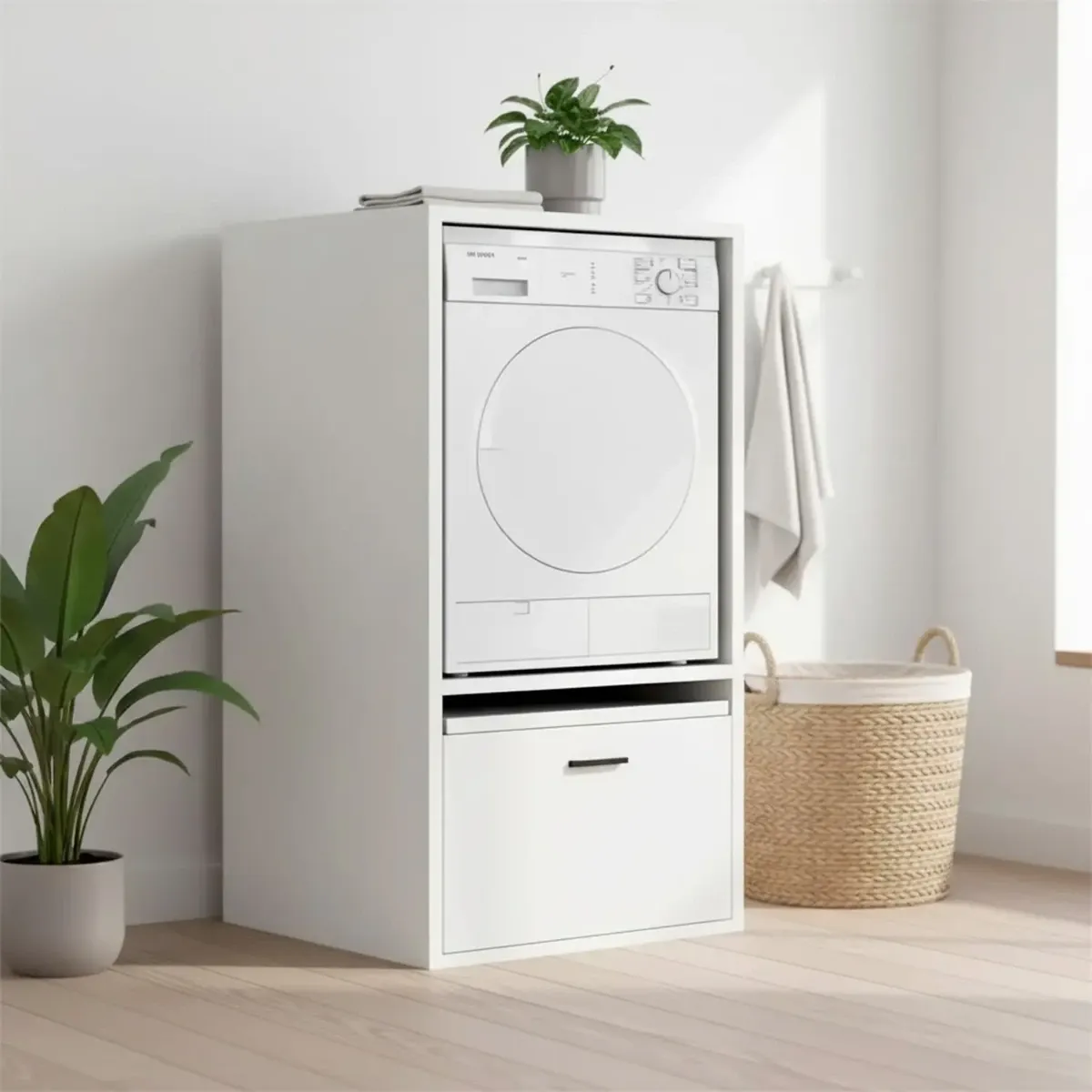 Mobile Per Lavatrice Asciugatrice Armadio Mobiletto Bagno Mobili Salvaspazio Con Cassetto E Mensola Allungabile Scaffale In Legno Armadietto Per Lavanderia Coprilavatrice 70 x 146 x 64 Cm-Bianco