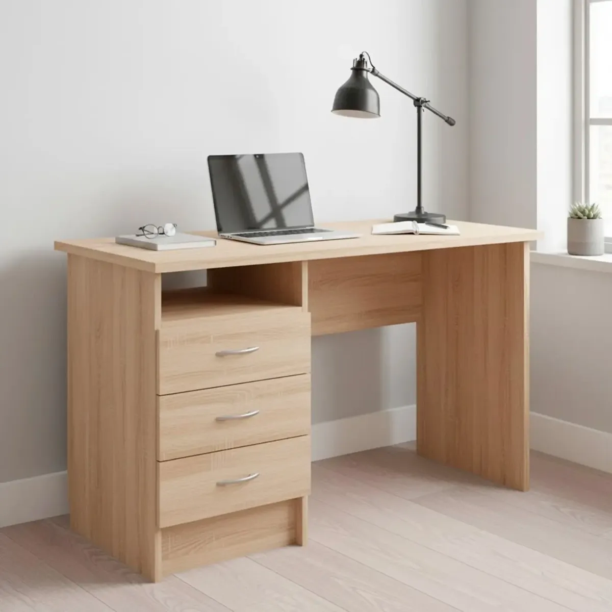 Scrivania Moderna Con 3 Cassetti E Vano a Giorno Desk Salvaspazio Per Home Office Studio E Cameretta Piano di Lavoro Ampio 120.1 X 48.1 X 72.6 Cm-Rovere