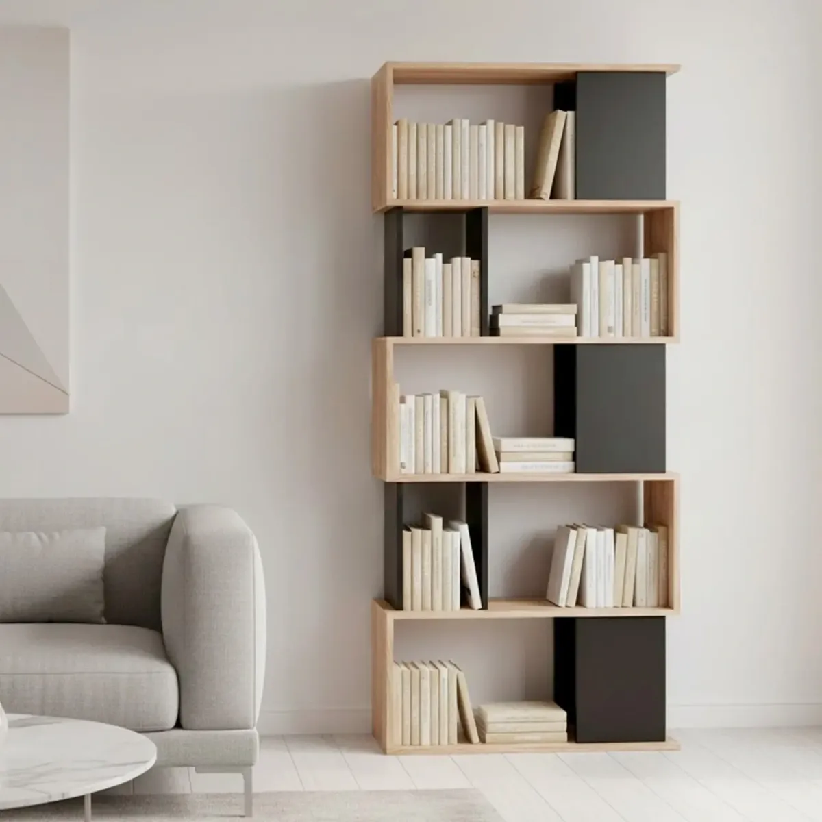 Libreria Moderna a Giorno Con Design Geometrico Asimmetrico Libreria Salvaspazio Silkeborg Ideale Per Soggiorno Studio E Ufficio 80 x 29.5 x 173.5 cm-Rovere e Nero