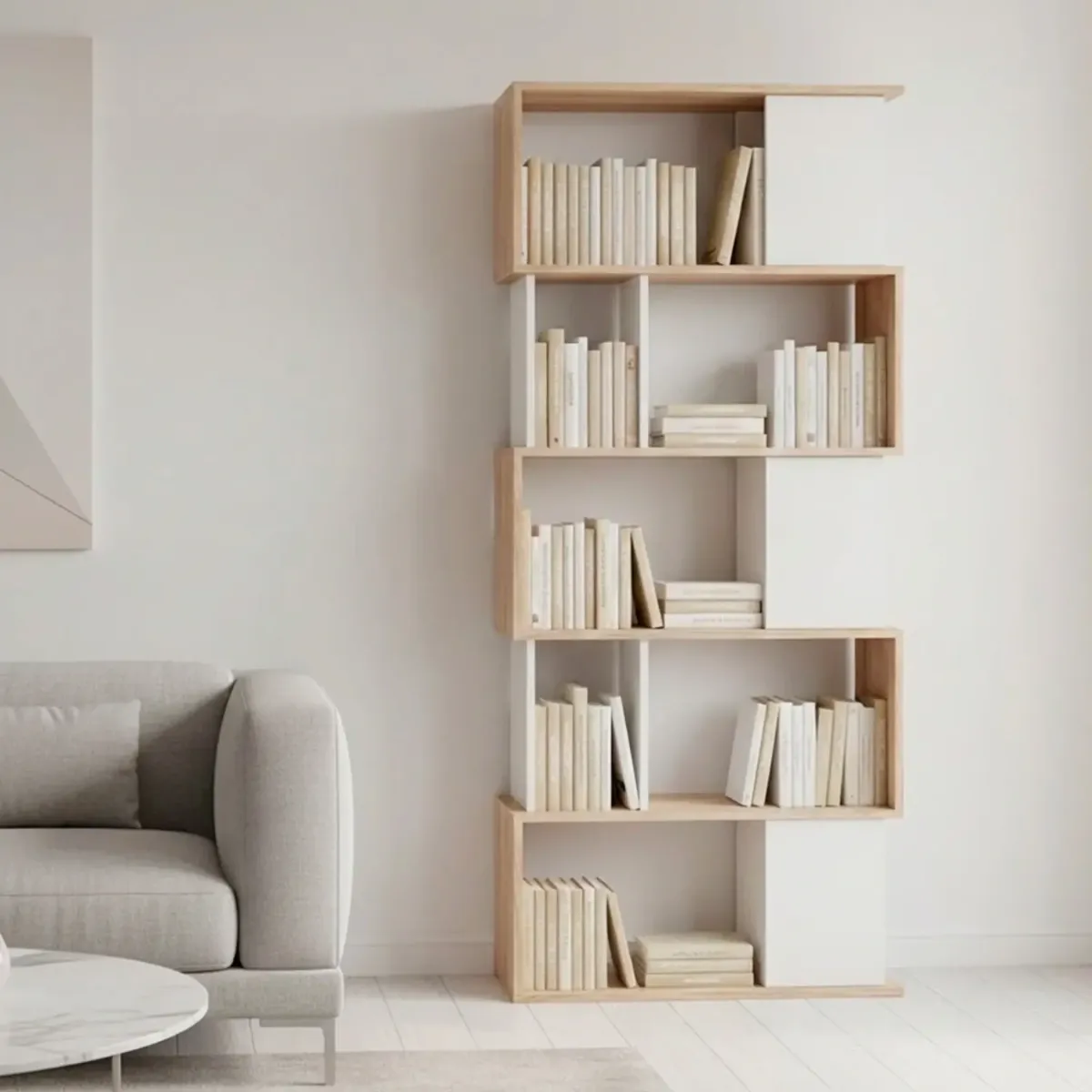 Libreria Moderna a Giorno Con Design Geometrico Asimmetrico Libreria Salvaspazio Silkeborg Ideale Per Soggiorno Studio E Ufficio 80 x 29.5 x 173.5 cm-Rovere e Bianco
