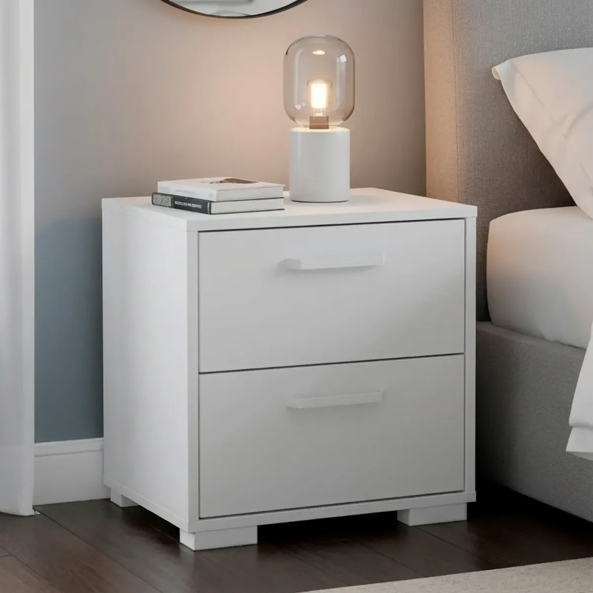 Comodino A 2 Cassetti Design Moderno E Minimalista Con Guide In Acciaio A Scorrimento Fluido Ideale Per Camera Da Letto 40.2 x 39.8 x 44.3 Cm-Bianco