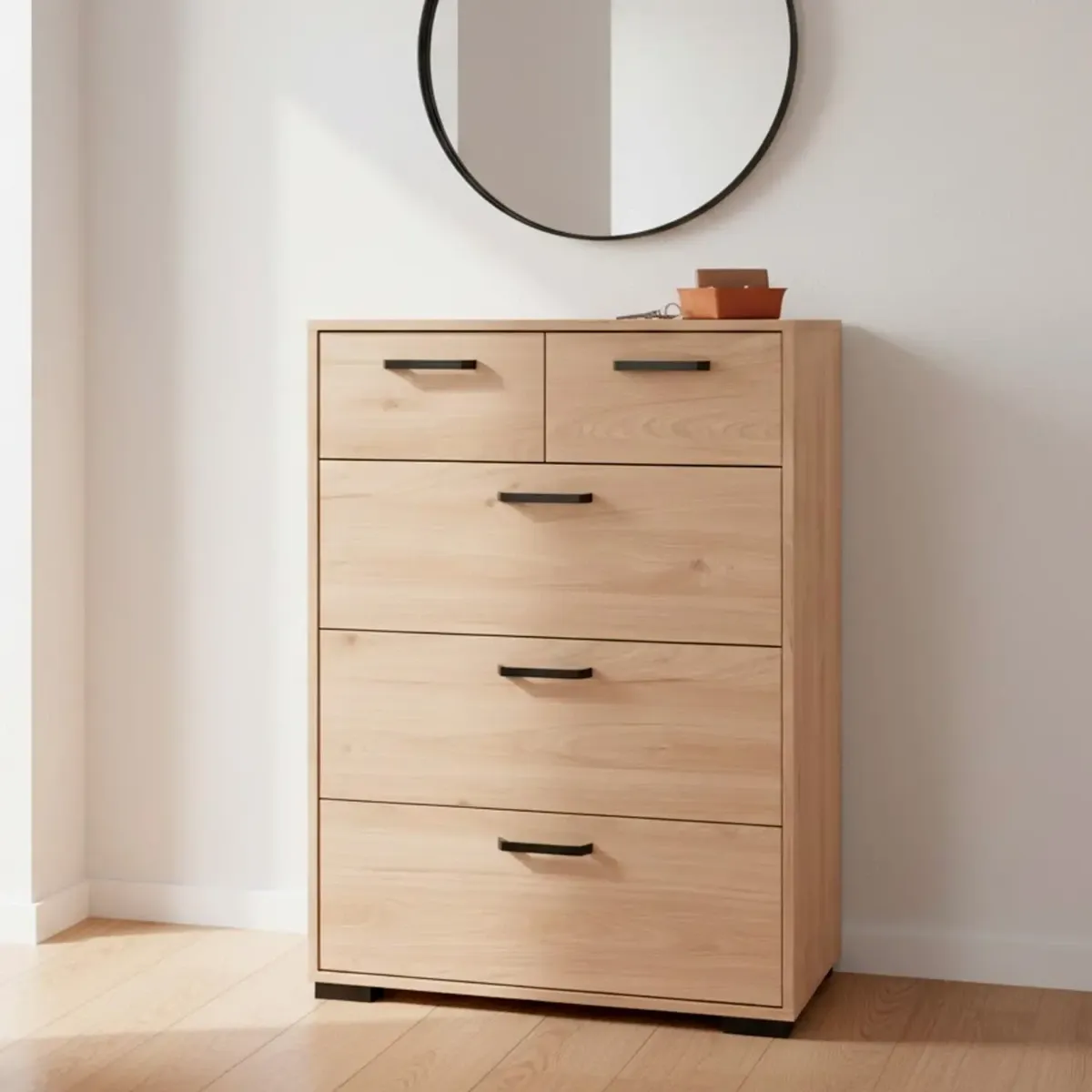 Cassettiera Alta 5 Cassetti Comò Mobile Contenitore Moderno Con Cassetti Scorrevoli A Sfera Per Camera Da Letto Ingresso Soggiorno 70.2 × 39.8 × 82.7 Cm-Rovere