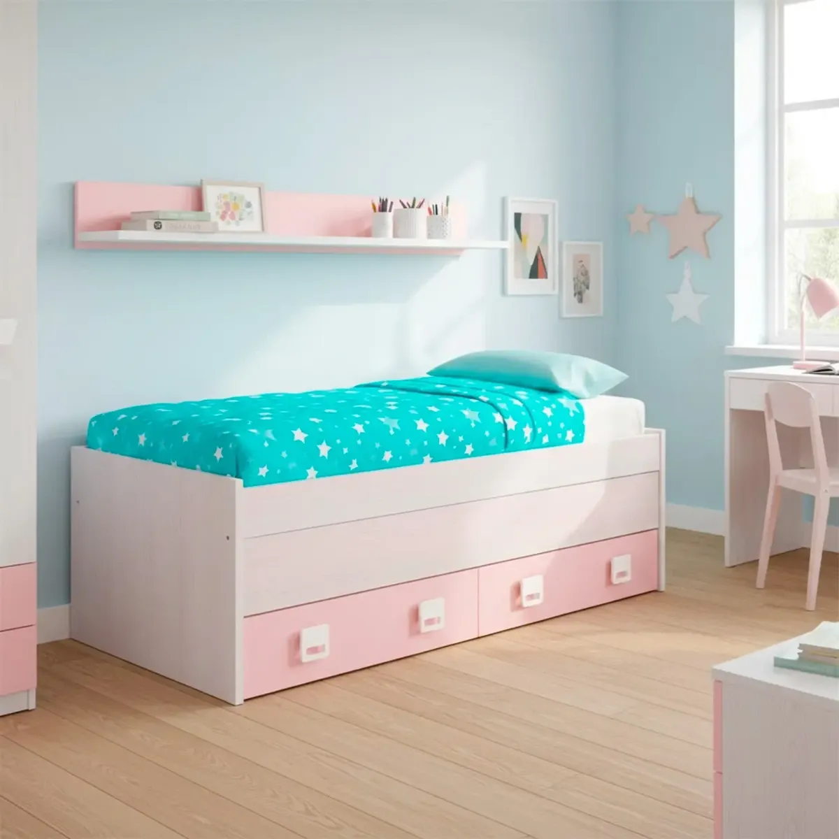 Letto con Letto Estraibile 2 Cassetti E Mensola Letto Salvaspazio Contenitore Cameretta Bambini Ragazzi Camera Design Moderno Delft 65 x 199 x 96 Cm-Bianco Alpi e Rosa