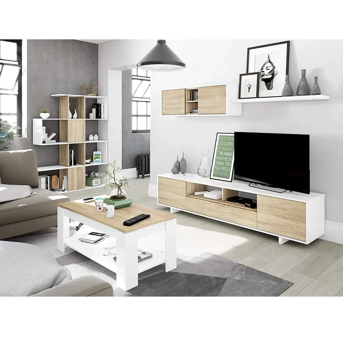 Parete Attrezzata Porta TV Mobile Basso Salotto Con 3 Vani Chiusi E 2 A Giorno Pensile Design Moderno Minimal Per Soggiorno Zona Living 200 x 42 x 47 Cm -Bianco e rovere-200 x 42 x 47 cm