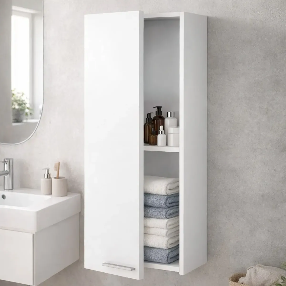 Pensile Da Bagno Sospeso Con 1 Anta E Ripiano Regolabile Mobile Armadietto Moderno Colonna Scaffale Salvaspazio Da Parete In Melamina Design Moderno 